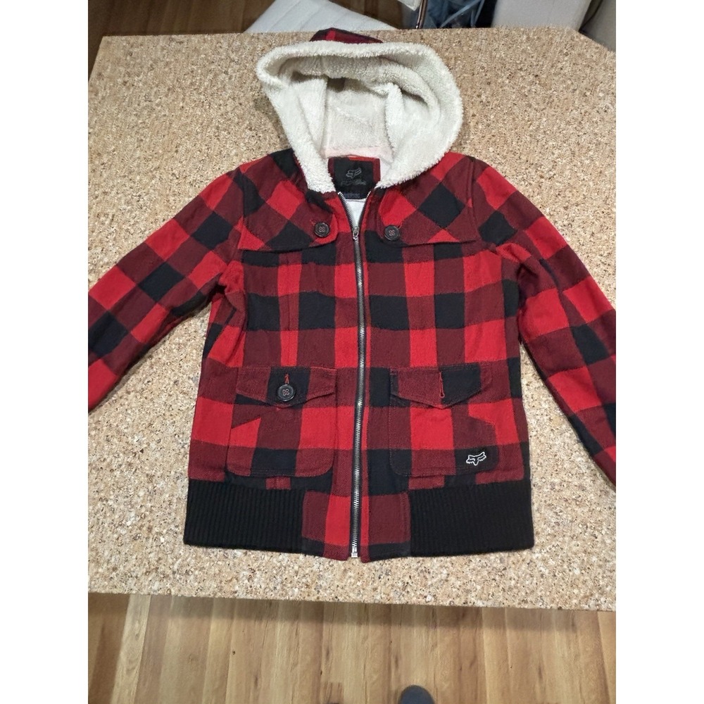 Fox Girls Racing Jacket Buffalo Plaid Full Zipped Hooded Faux Fur Hood Size M